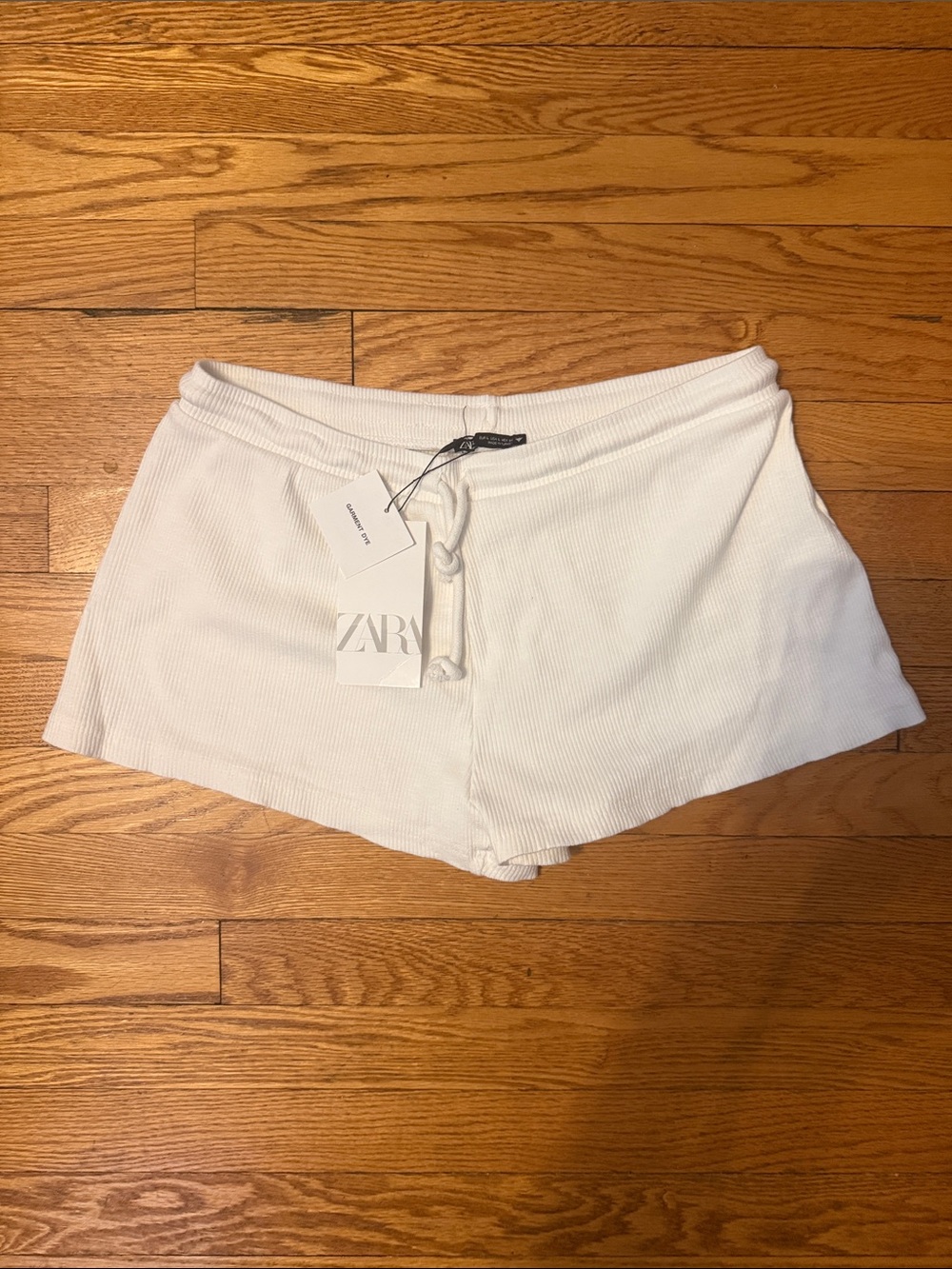 Zara White Ribbed Drawstring Bike Shorts